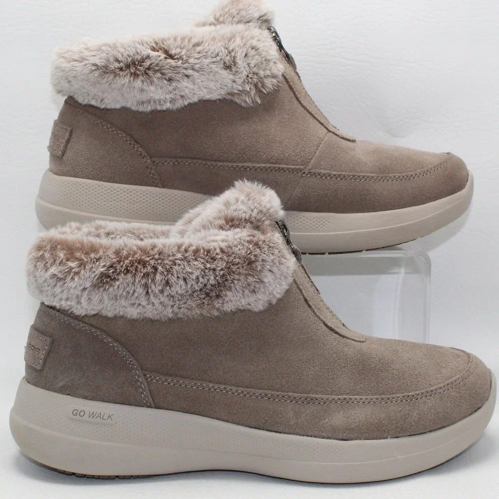 Skechers Go Walk Joy Women 7 Dark‎ Taupe Suede Faux Fur Zip Winter Boots 144664